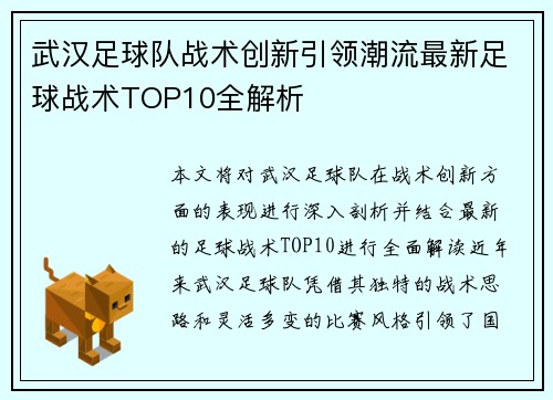 武汉足球队战术创新引领潮流最新足球战术TOP10全解析